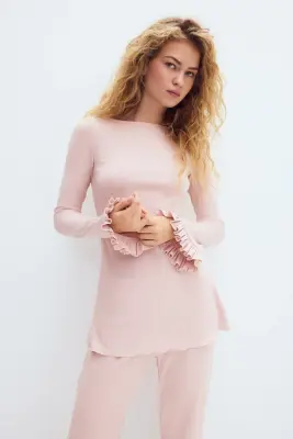 Top long en maille côtelée - Rose clair — photo 2