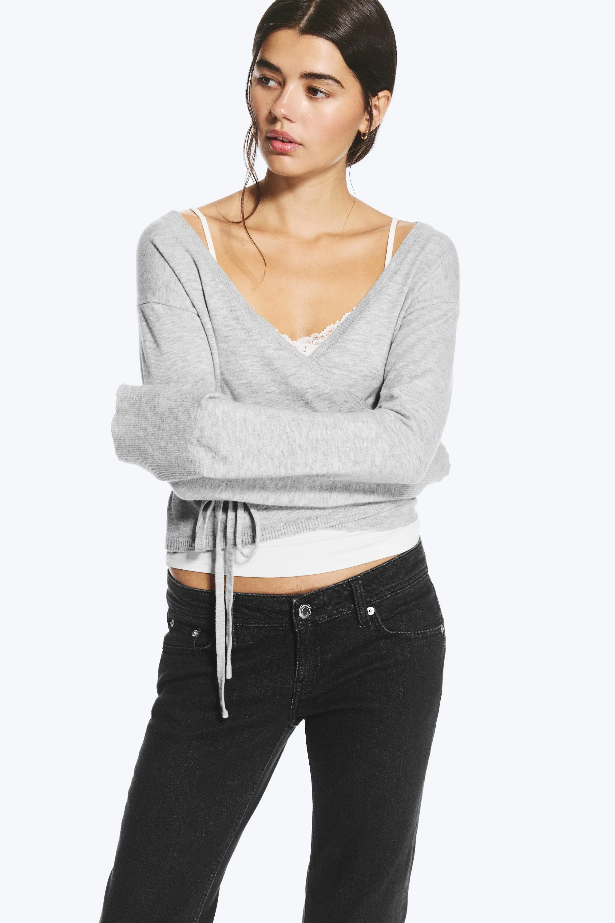 Cardigan cache-cœur en maille col V - Gris chiné