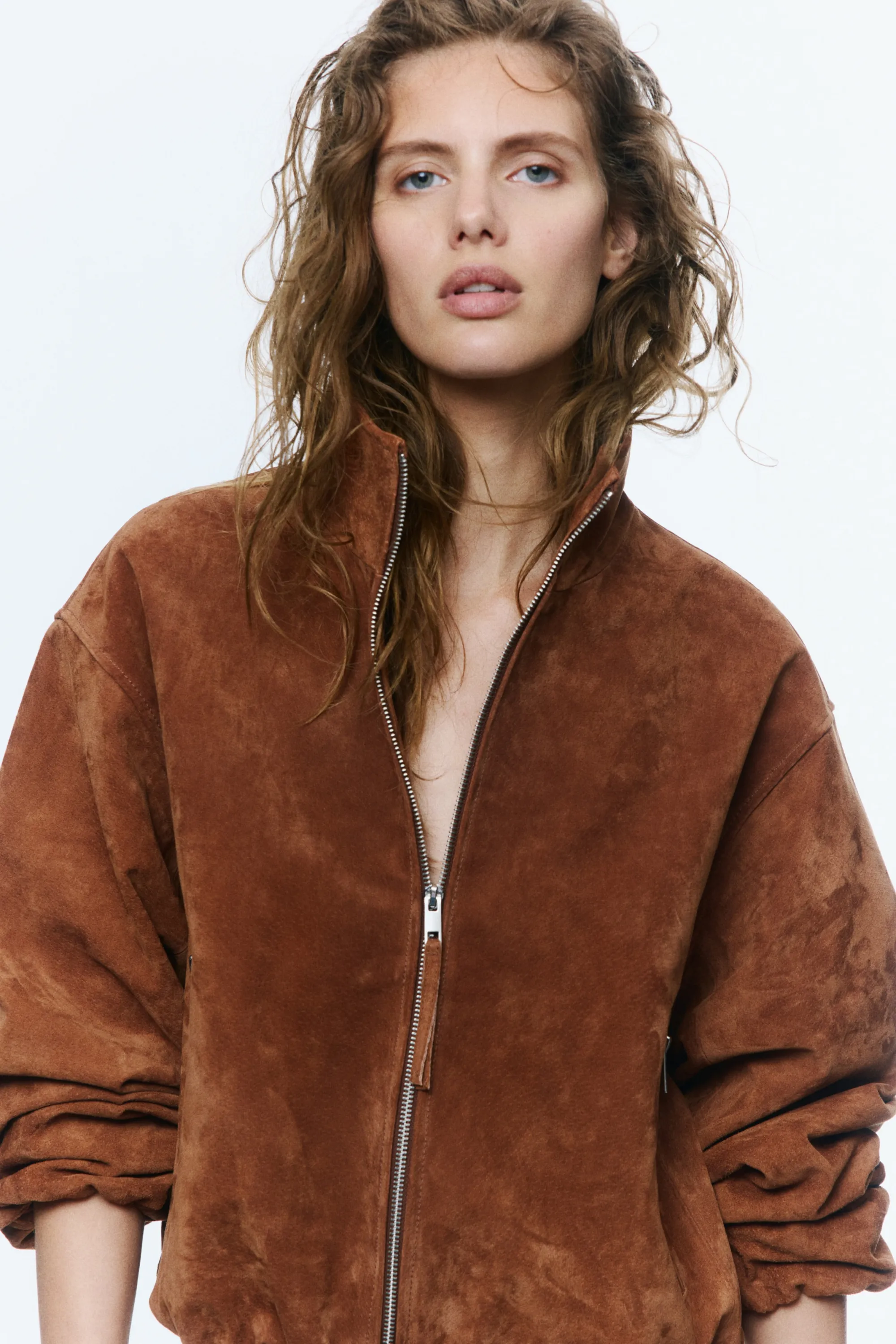 Veste oversize en cuir velours fendu - Marron