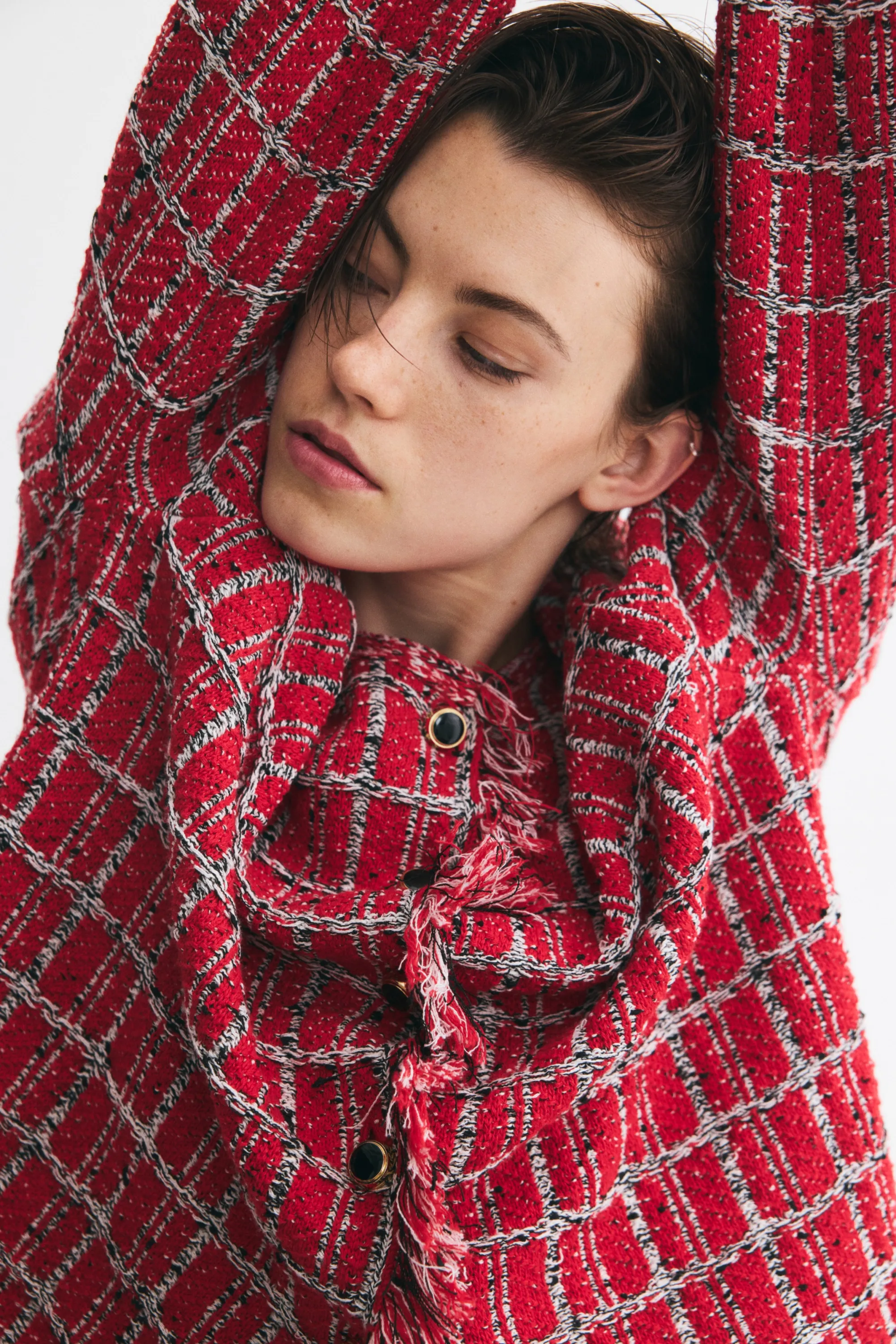 Gilet frangé en maille jacquard - Rouge/motif