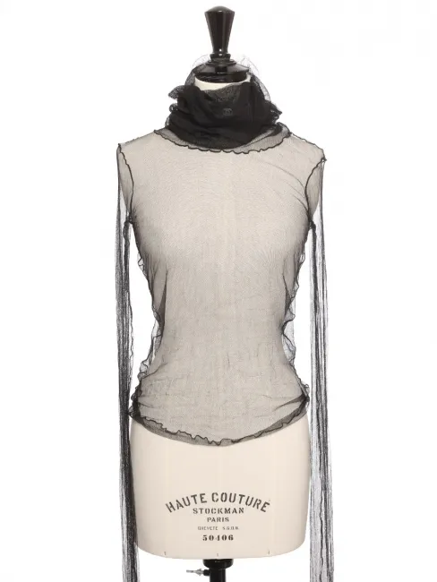Top manches longues col roulé en tulle de soie noir Prix boutique 2000€ Taille XS