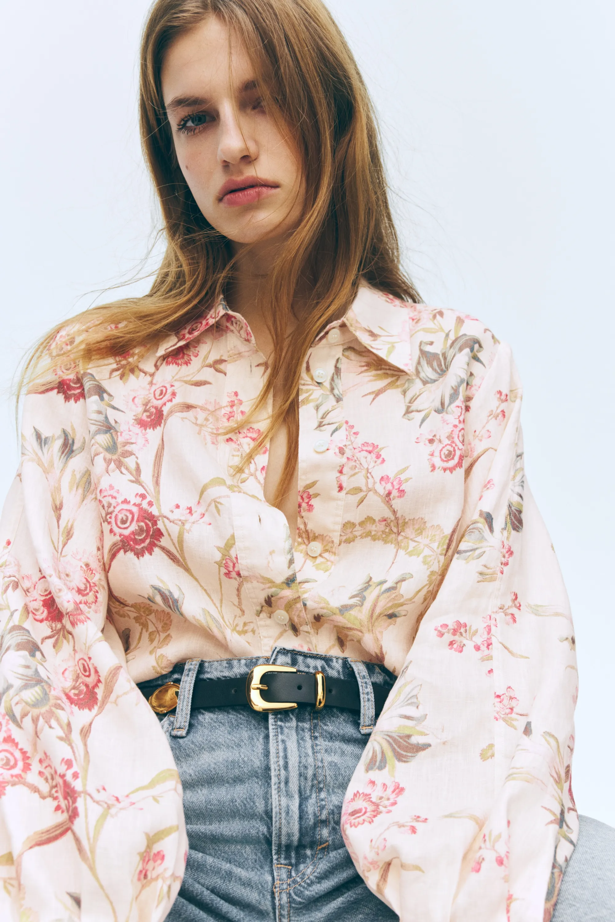 Chemise en lin - Beige clair/fleuri