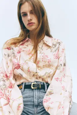 Chemise en lin - Beige clair/fleuri — photo 1