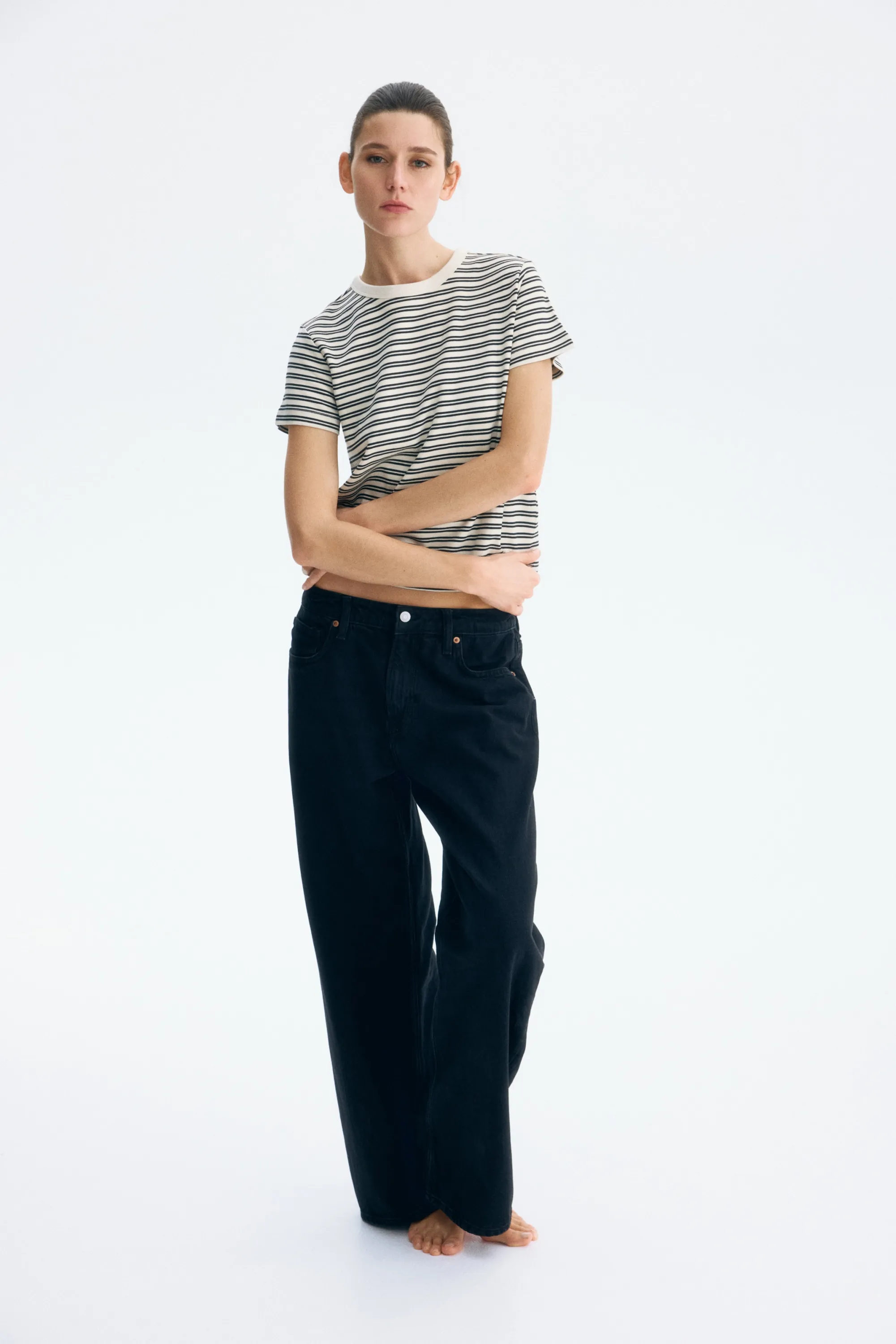 T-shirt en coton - Beige clair/rayures noires