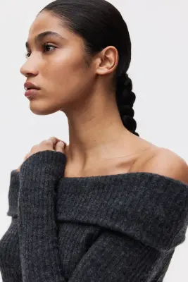 Robe épaules nues en maille côtelée - Gris foncé chiné — photo 3