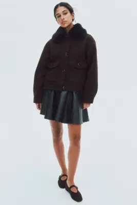 Veste en twill avec col duveteux - Marron foncé — photo 1