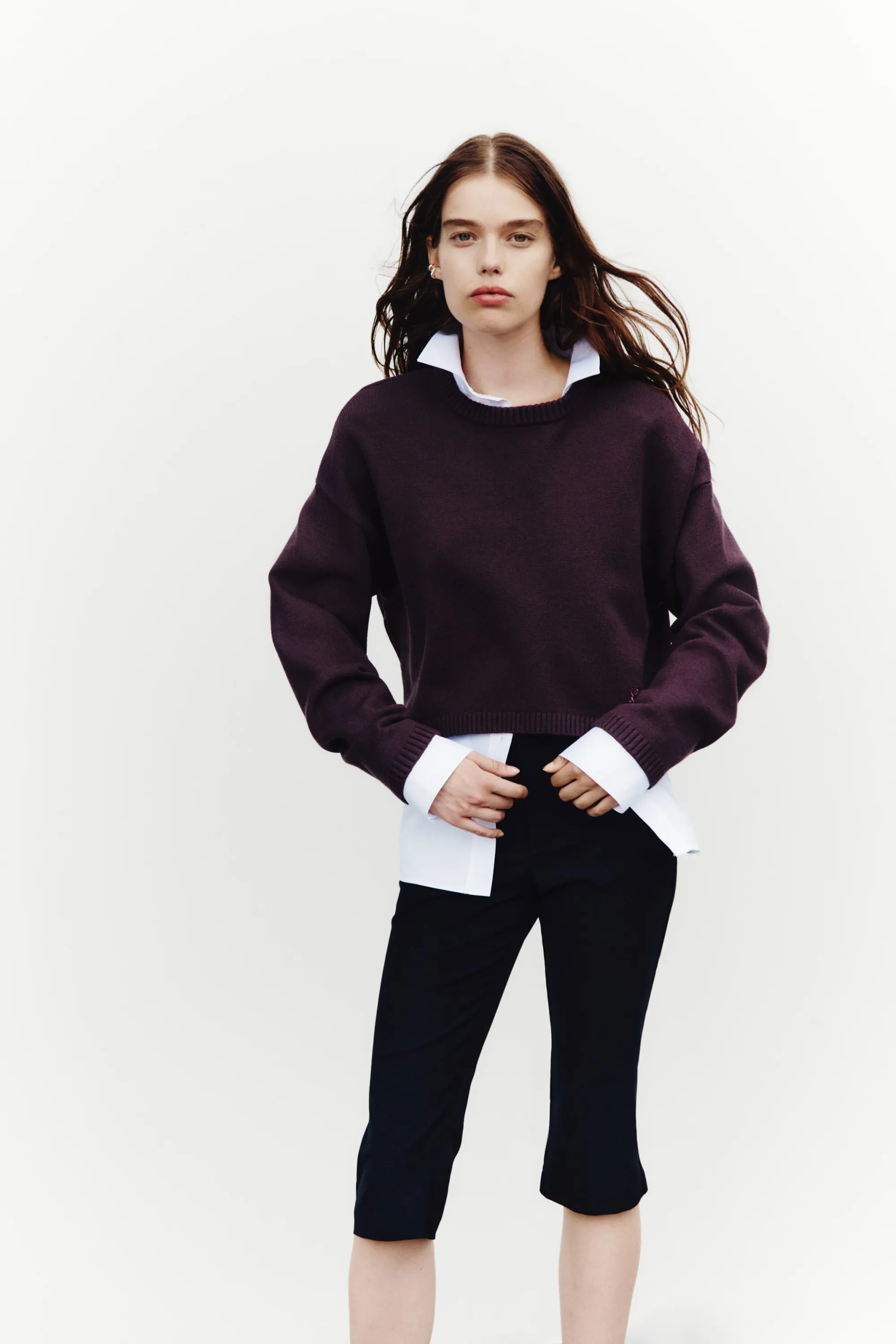 Pull loose en coton mélangé - Rouge prune