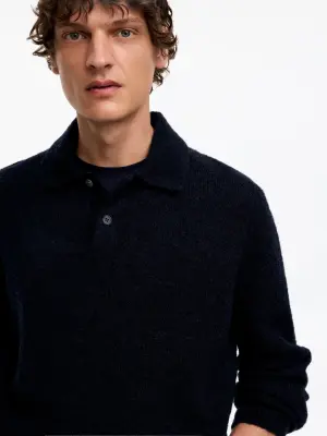 Polo en maille de laine mélangée - Bleu foncé — photo 3