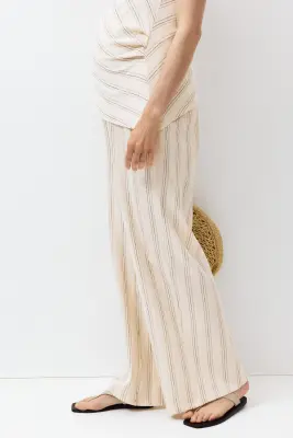 MAMA Pantalon à taille élastique en coton texturé - Beige clair/rayé — photo 1