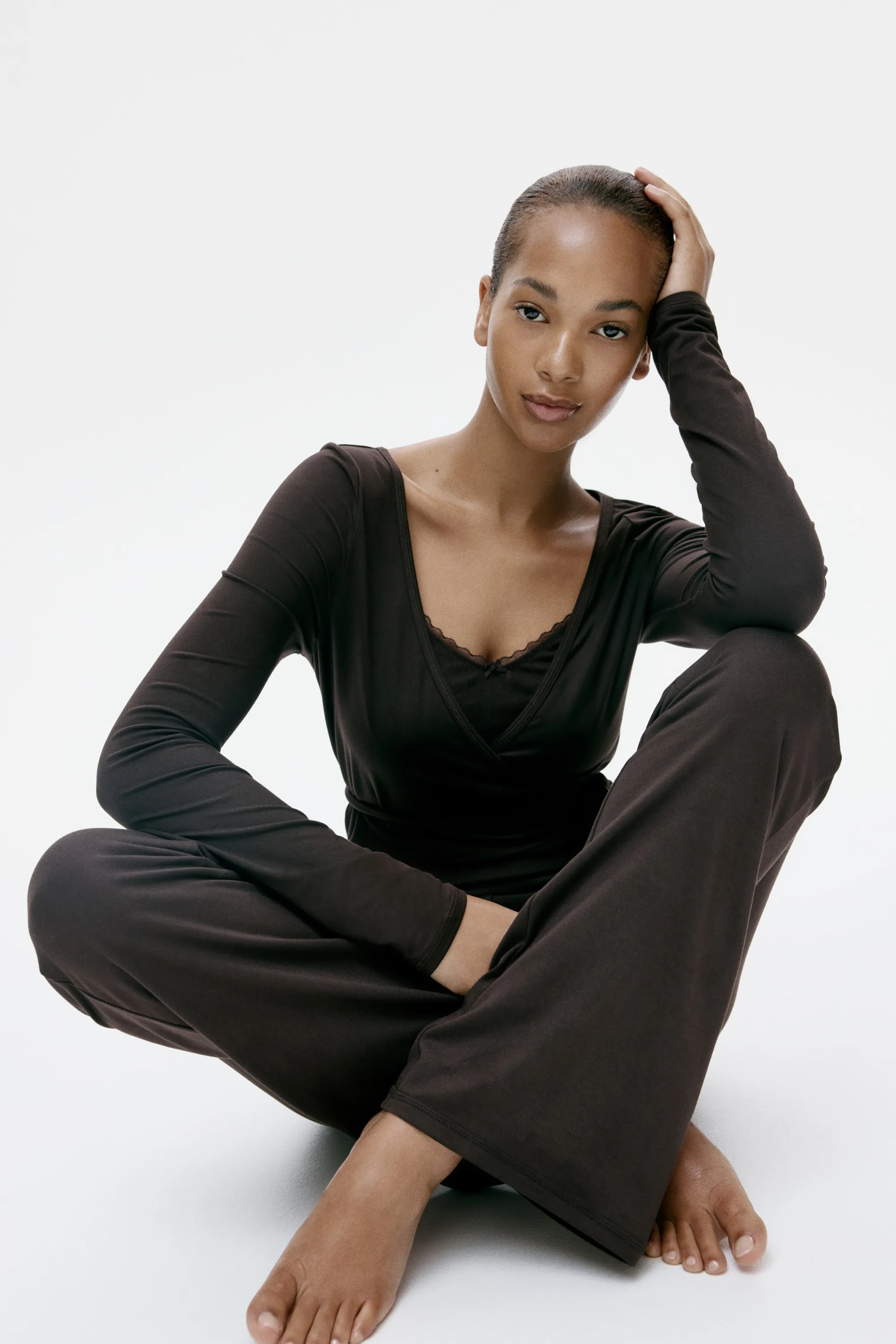 Pantalon évasé en jersey brossé - Marron foncé