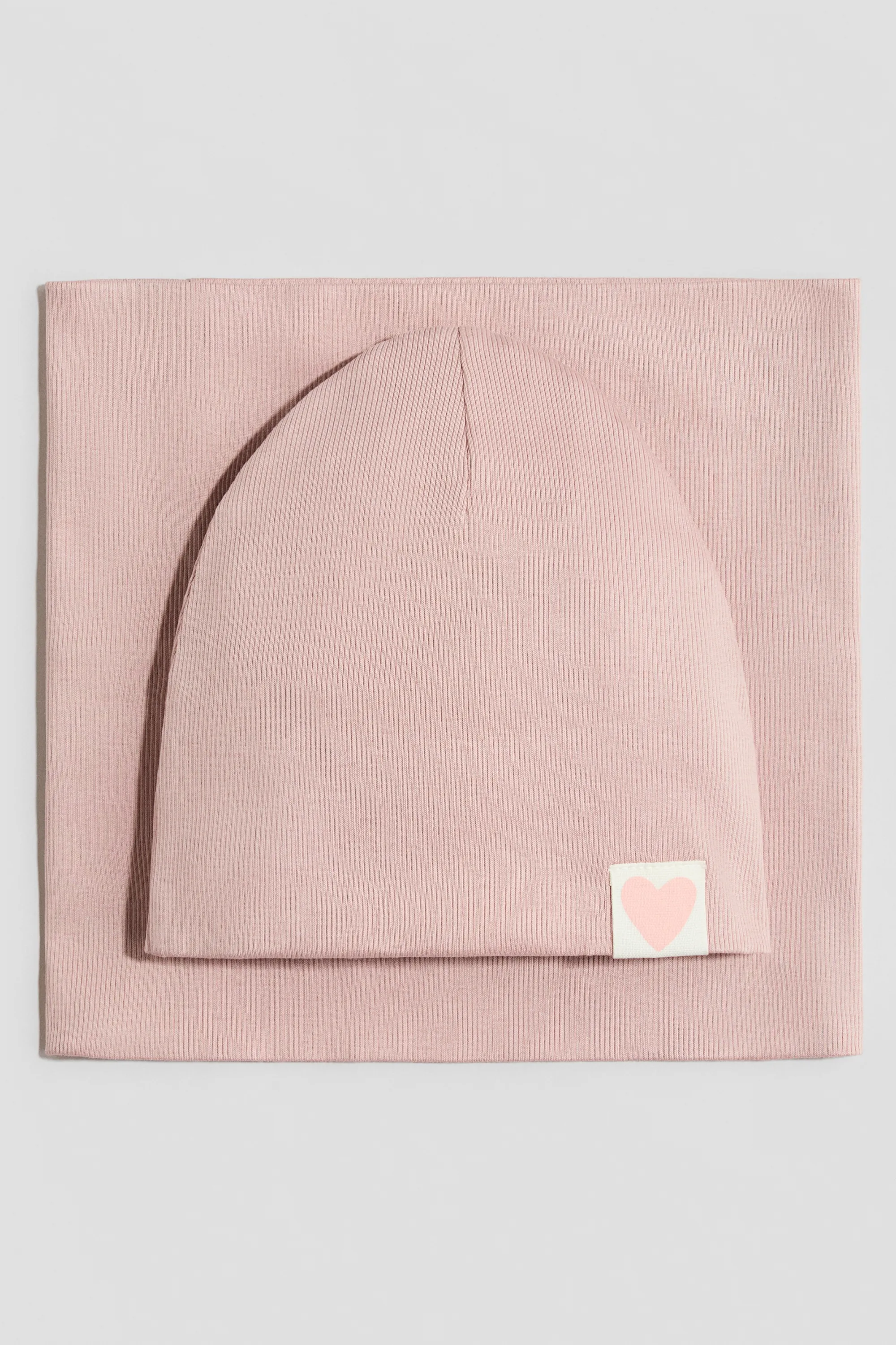 Ensemble 2 pièces bonnet et snood - Rose clair/cœur
