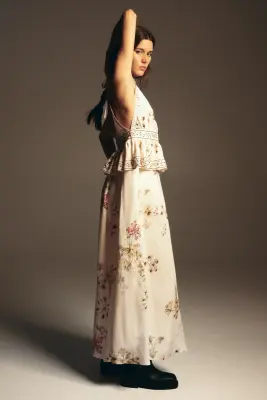 Robe en lin mélangé avec bretelles à nouer - Beige clair/fleuri — photo 2