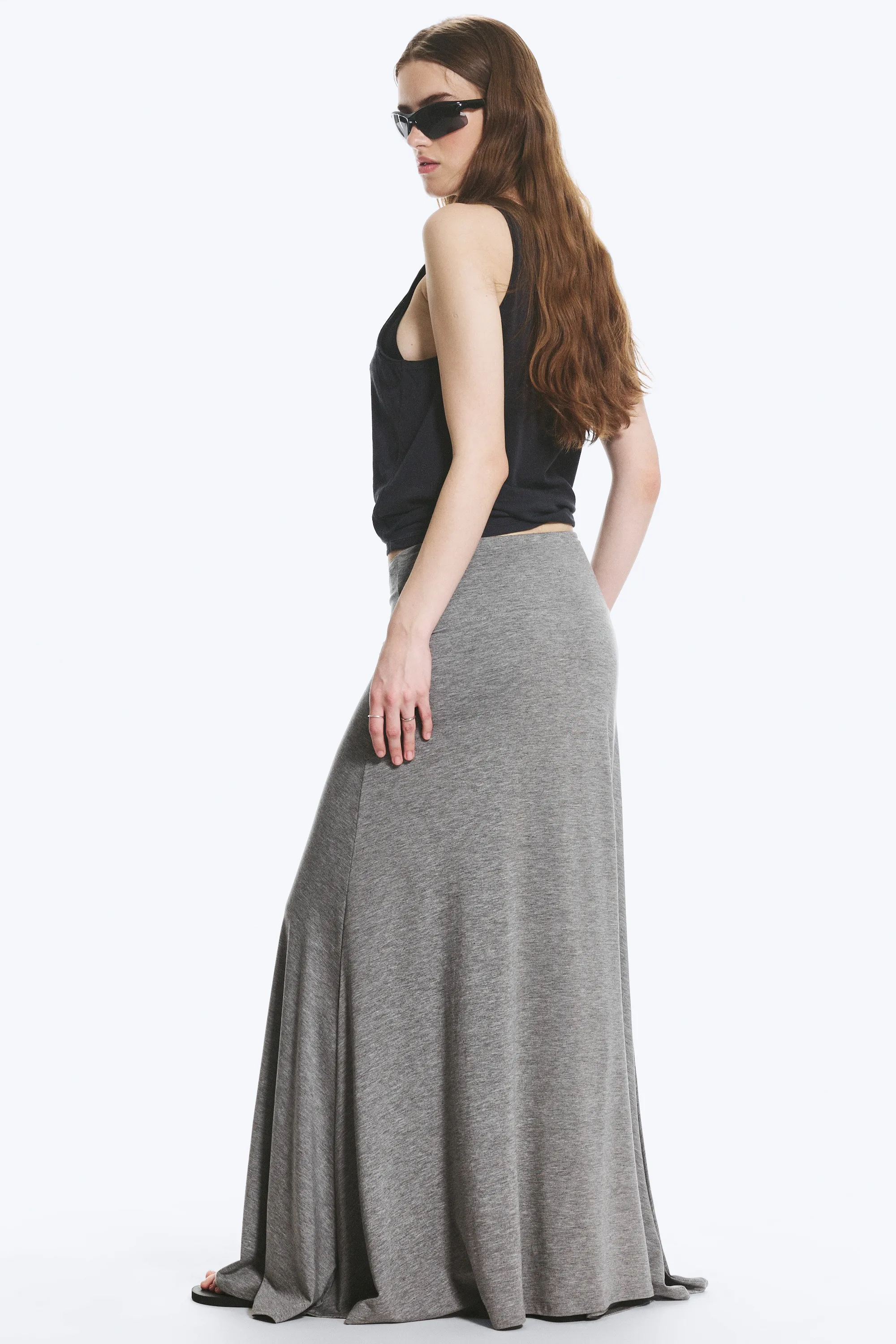 Jupe Longue Ample Taille Mi-Haute - Gris poudré chiné
