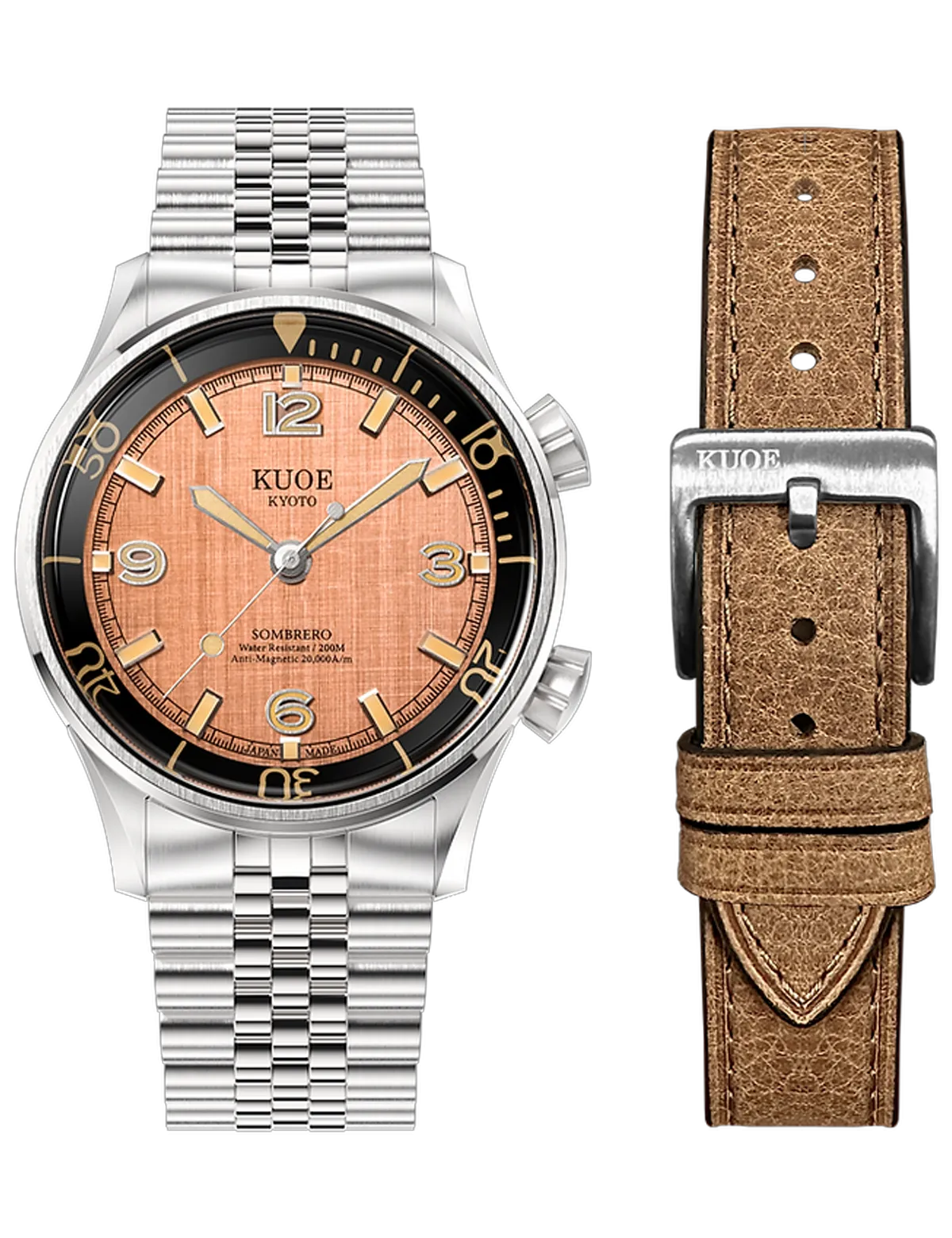 KUOE SOMBRERO 90-011 SALMON PINK LINEN TEXTURED DIAL BRACELET JUBILE