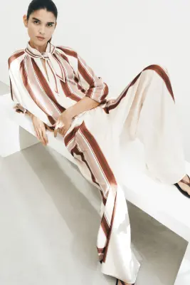 Pantalon à cordon en satin - Crème/motif — photo 1