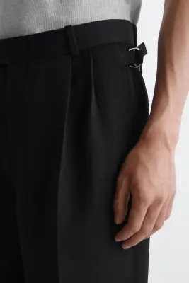 PANTALON FUSEAU À PLIS EN LAINE MÉLANGÉE - NOIR — photo 2