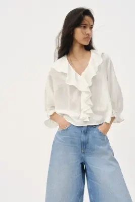 Blouse volantée en coton mélangé - Crème — photo 1