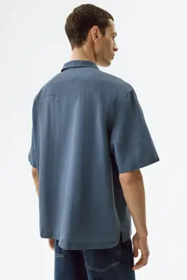 Chemise Relaxed Fit en lin mélangé avec col cubain - Bleu ancien — photo 2