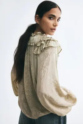 Blouse à bords ruchés avec détails à nouer - Vert kaki clair/fleuri — photo 4