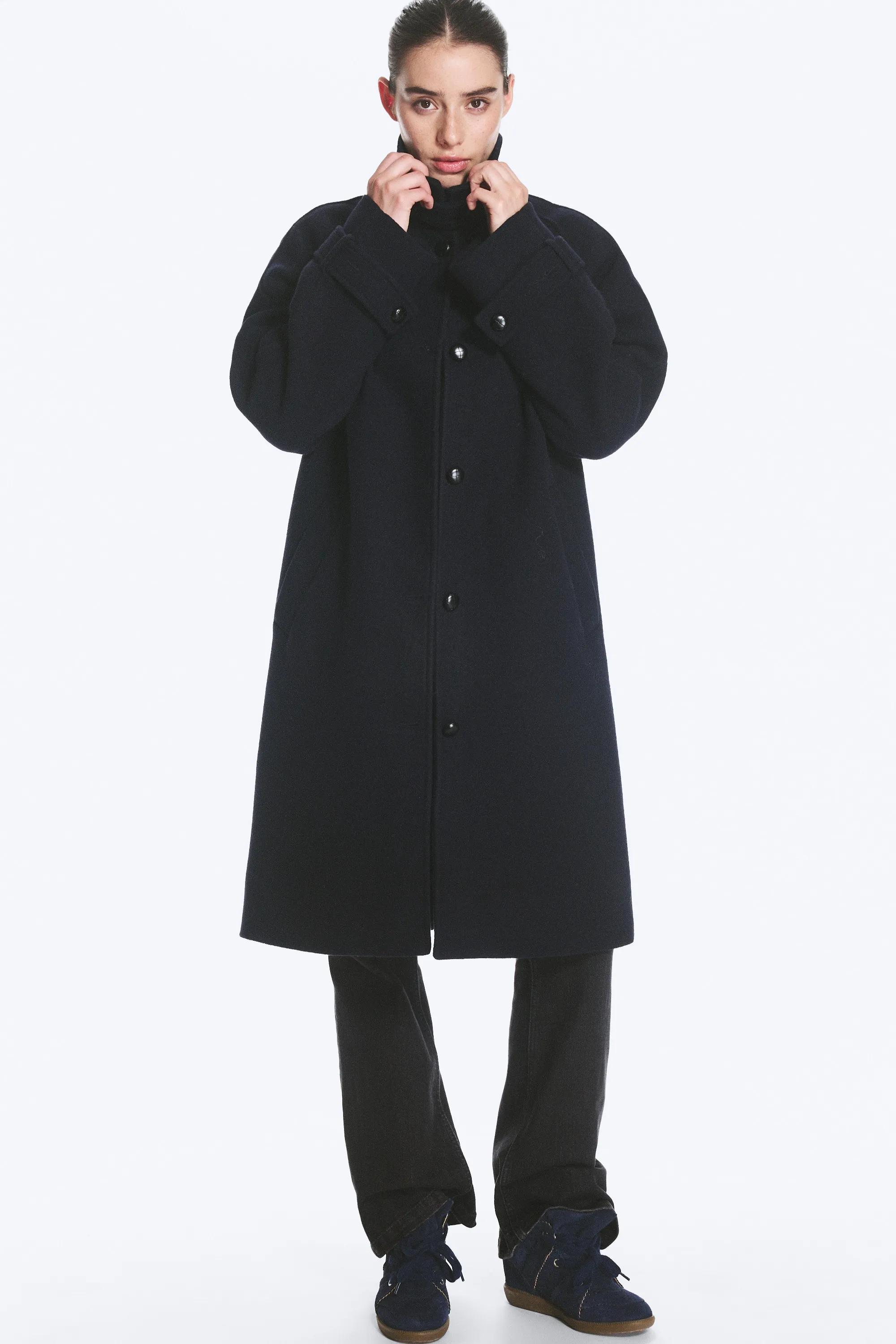 Manteau à col cheminée en mélange de laine - Bleu foncé