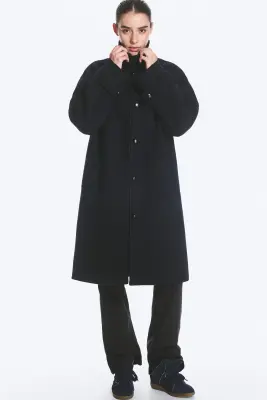 Manteau à col cheminée en mélange de laine - Bleu foncé — photo 1