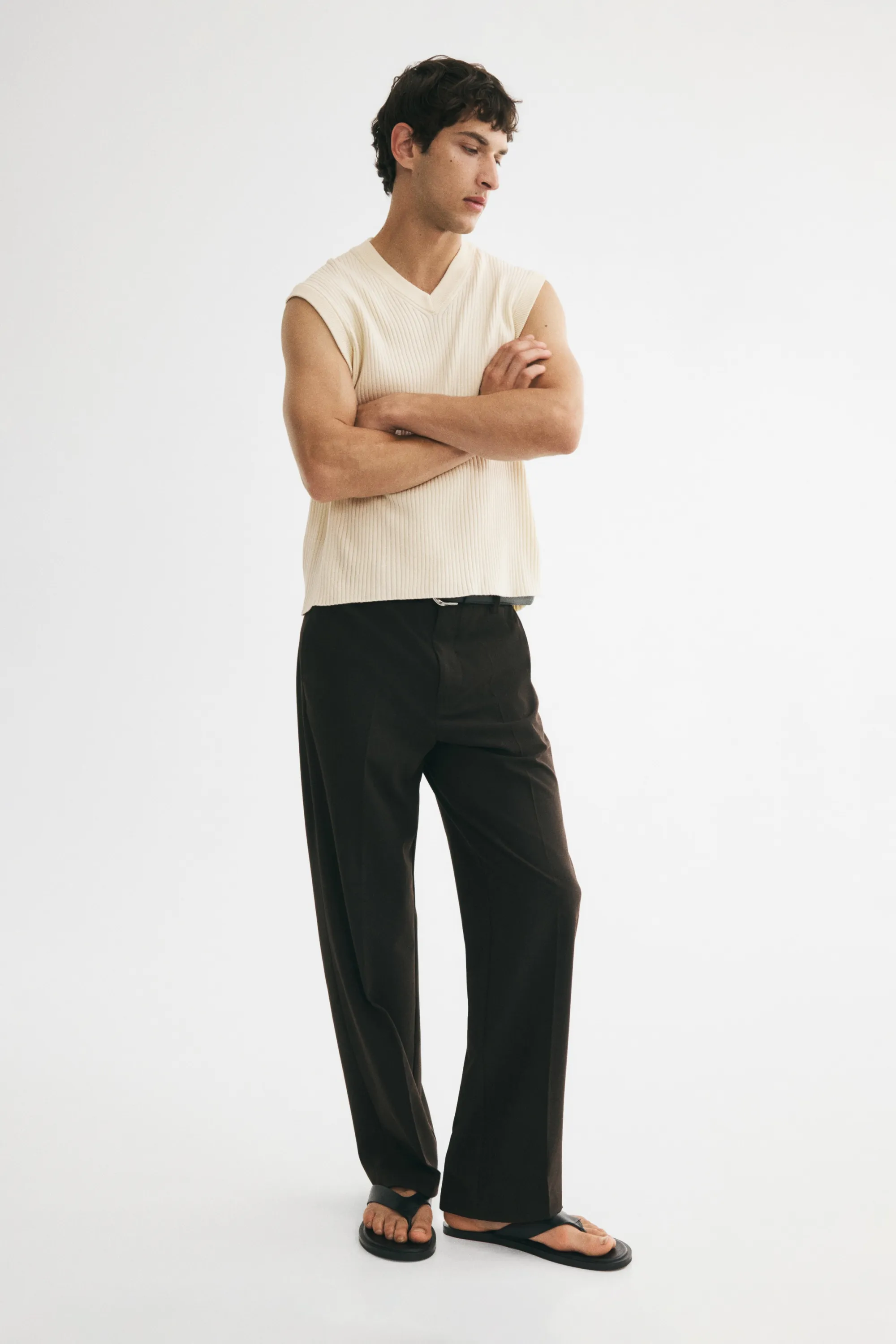 Pull sans manches côtelé Slim Fit - Beige clair