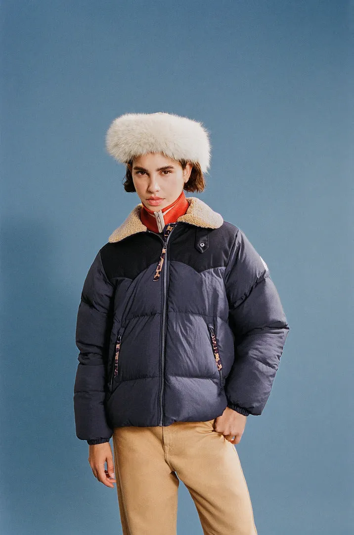 Doudoune Violette bleu marine et léopard Balzac Paris x Pyrenex