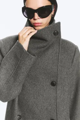 Manteau oversize à col cheminée en mélange de laine - Dark Grey Melange — photo 4