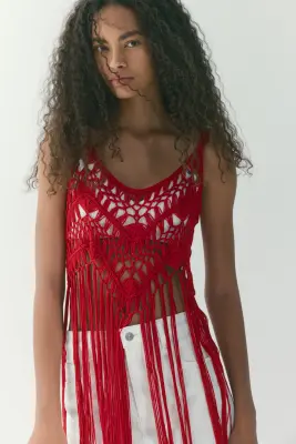 Top frangé en maille ajourée - Rouge — photo 1
