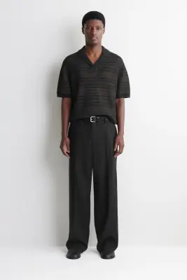 POLO RAYÉ EN MAILLE AJOURÉE - NOIR / ROUILLE / RAYURES — photo 1