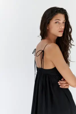 Robe midi avec bretelles à nouer - Noir — photo 2