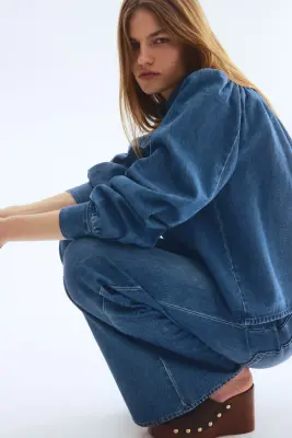 Veste à manches bouffantes en twill - Bleu denim — photo 4