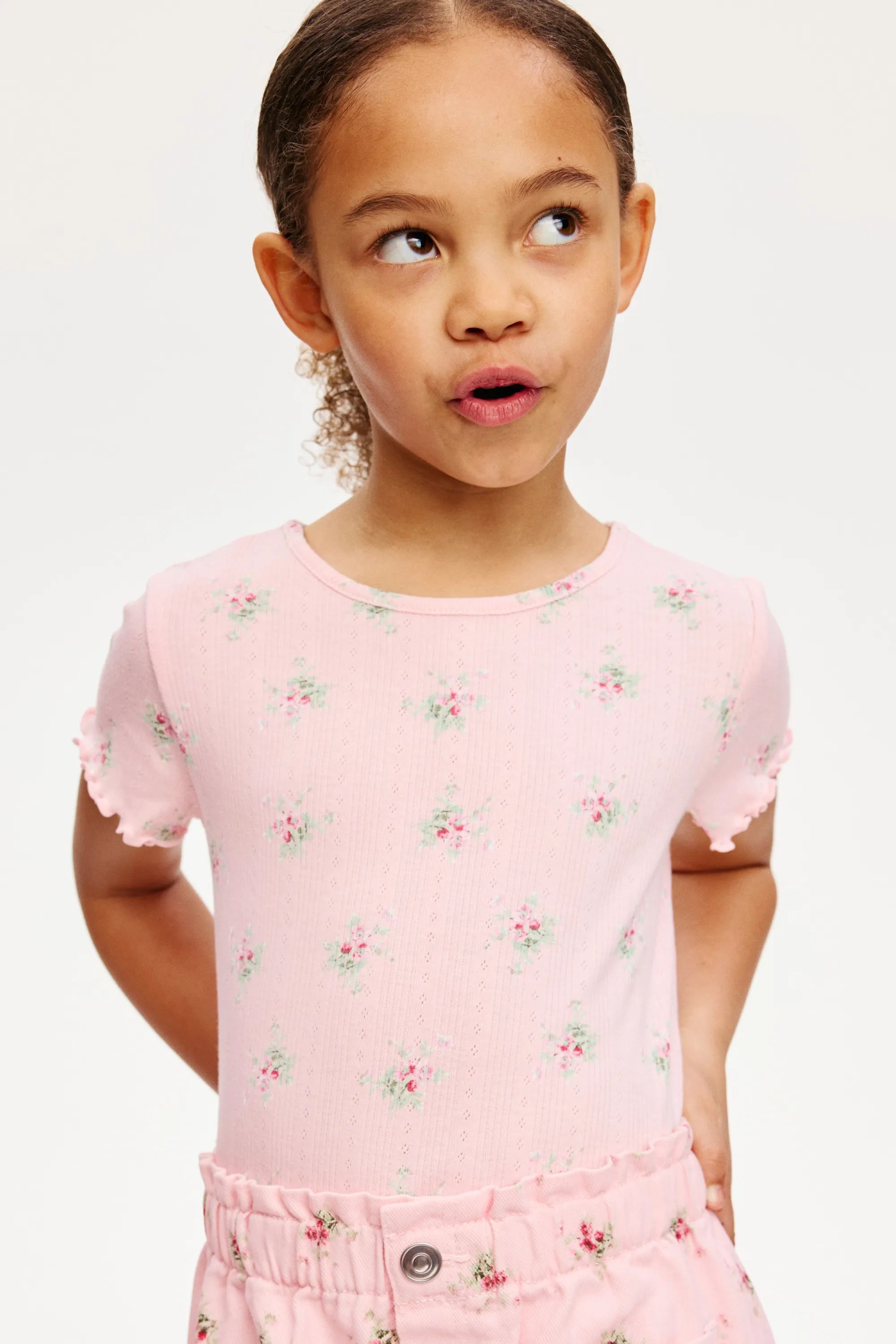 T-shirt en jersey pointelle à motif - Rose clair/fleuri