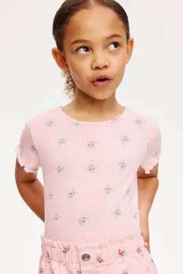 T-shirt en jersey pointelle à motif - Rose clair/fleuri — photo 1