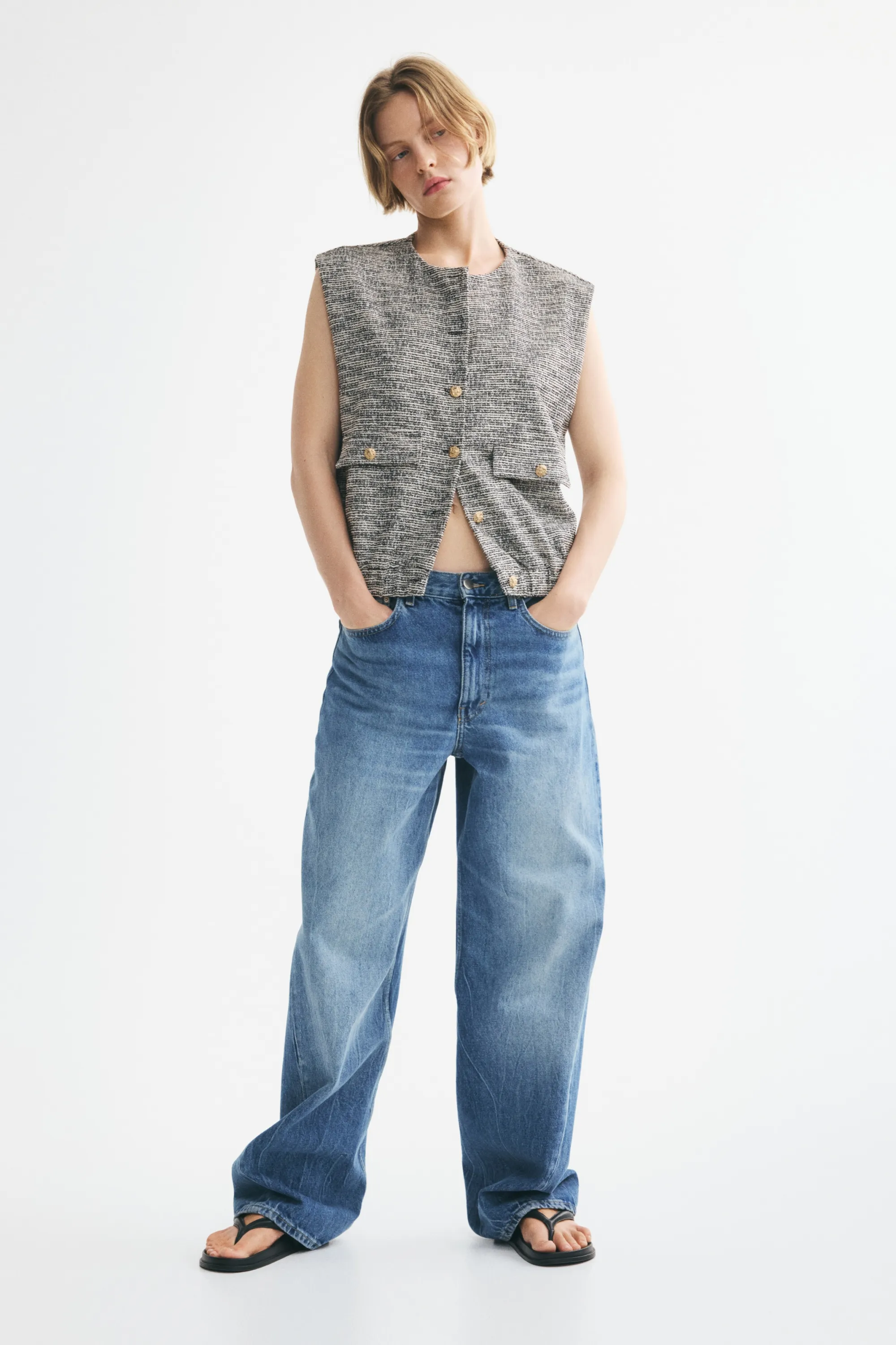 Gilet sans manches oversize en maille bouclette - Gris ancien chiné/crème