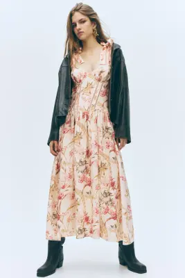 Robe en lin mélangé avec bretelles à nouer - Beige clair/fleuri — photo 1