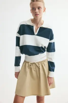 Polo en maille fine - Turquoise foncé/rayures crème — photo 2