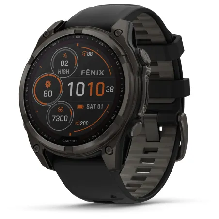 Garmin Fenix 8 Solar 47mm Verre Sapphire lunette Carbon Gray DLC bracelet noir/gris galet 010-02906-11