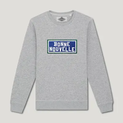 SWEAT SHIRT COTON BIO BRODÉ - BONNE NOUVELLE - GRIS