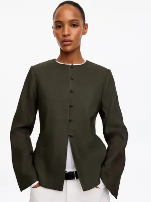 Blazer sans col en lin mélangé - Vert foncé — photo 3