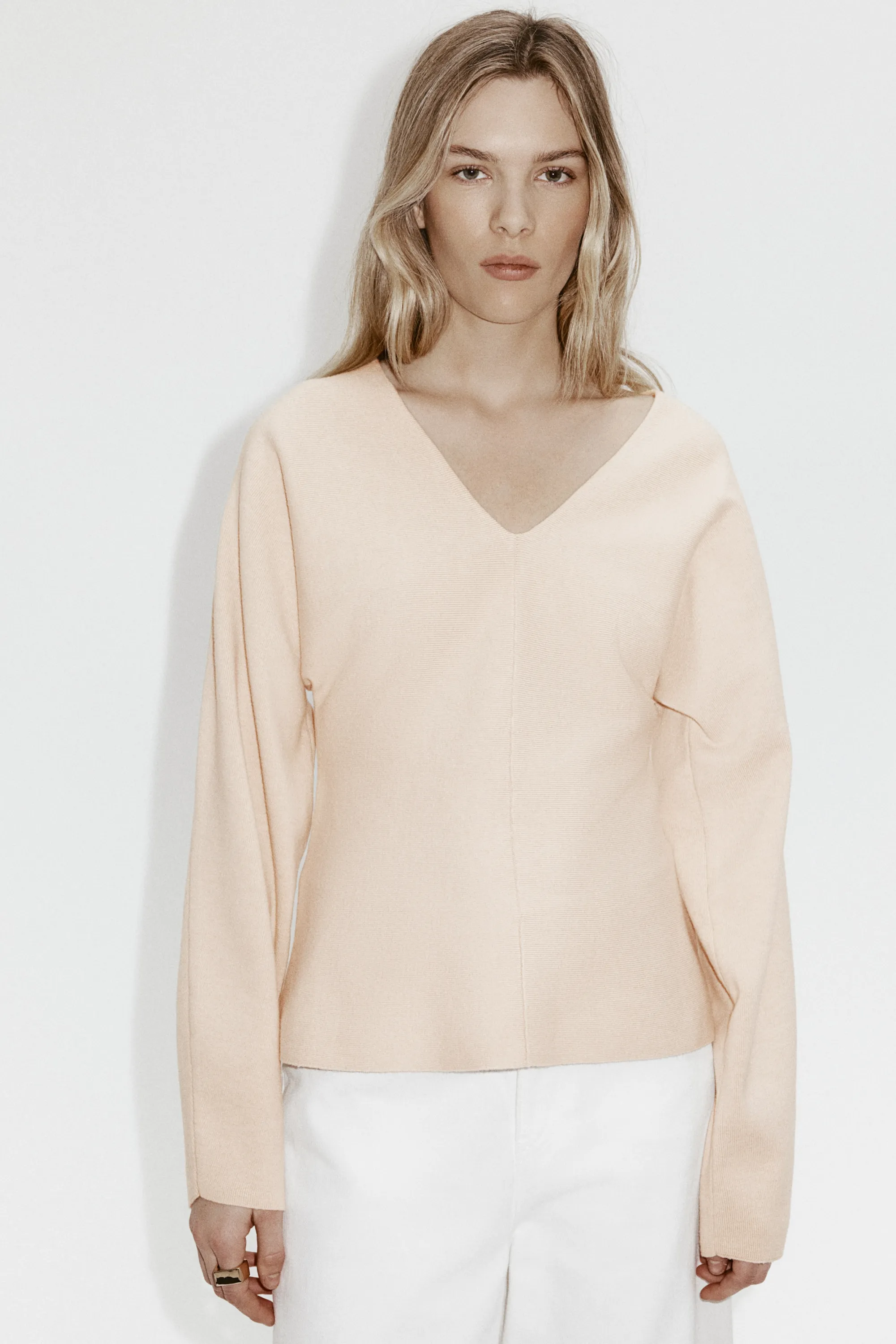Top à encolure en V en maille - Beige clair