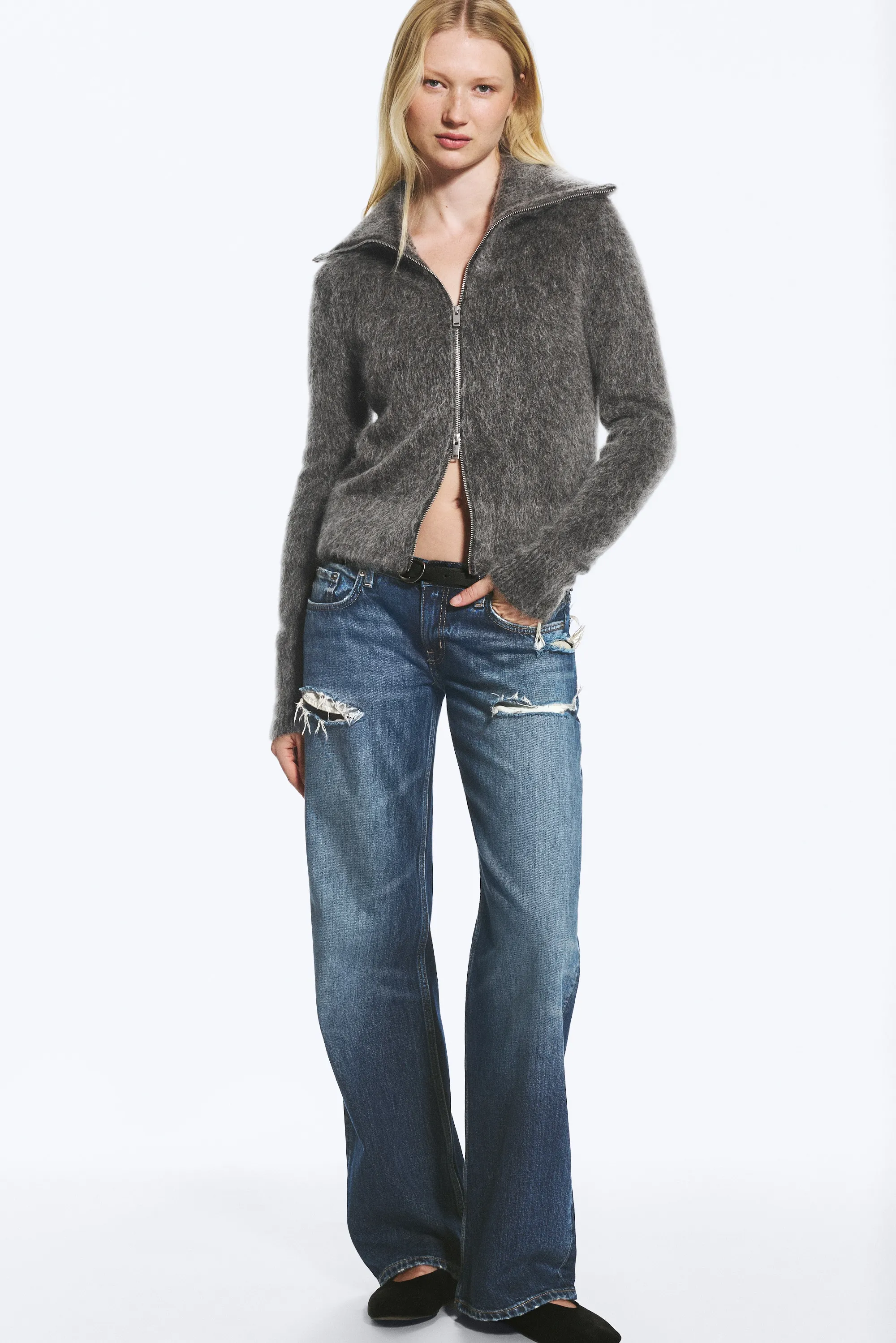 Gilet zippé mélangé mohair - Gris foncé chiné