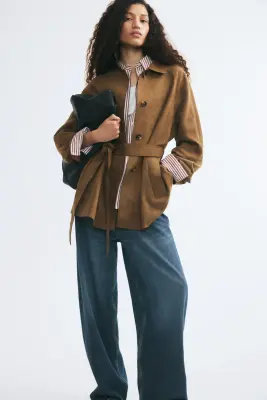 Manteau court avec ceinture à nouer - Beige foncé — photo 2