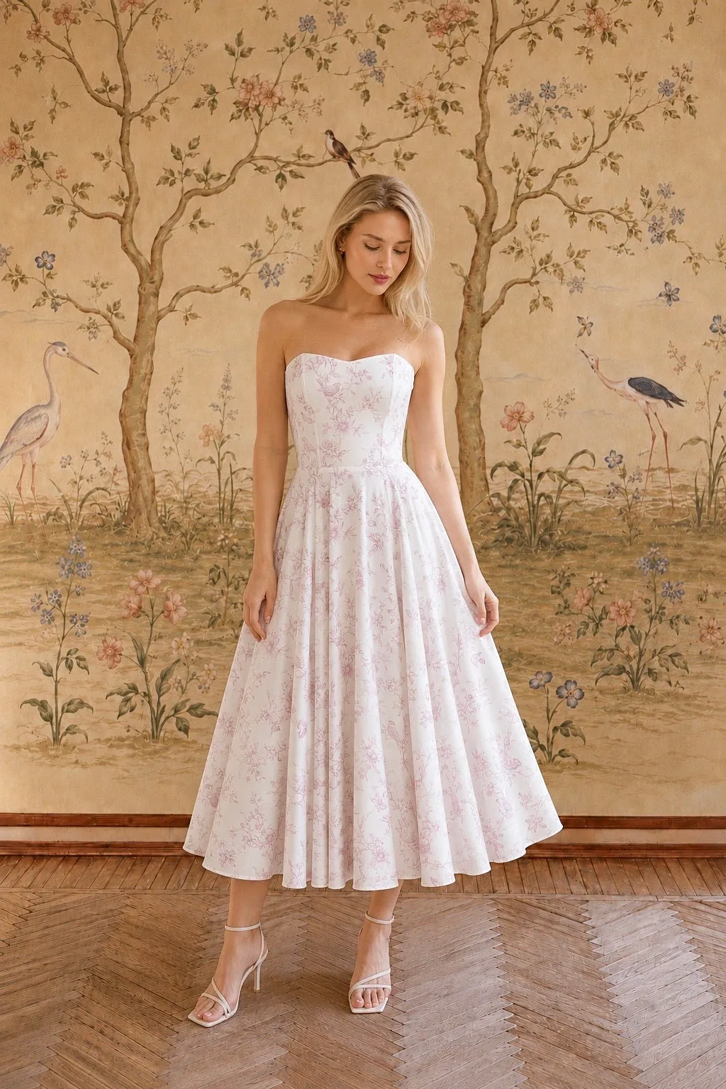 Priscilla Midi Dress - Lavender Toile de Jouy Birds