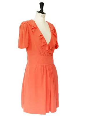 Robe décolletée manches courtes en crêpe de soie rouge orangé Px boutique 1200€ Taille 36/38 — photo 5
