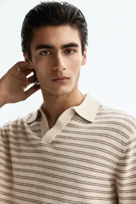 Polo Regular Fit en lin mélangé - Beige/rayé — photo 1