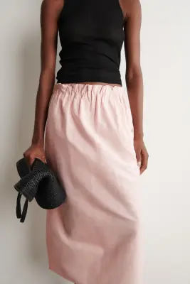 JUPE MIDI BALLON EN COTON ET LIN - ROSE — photo 2