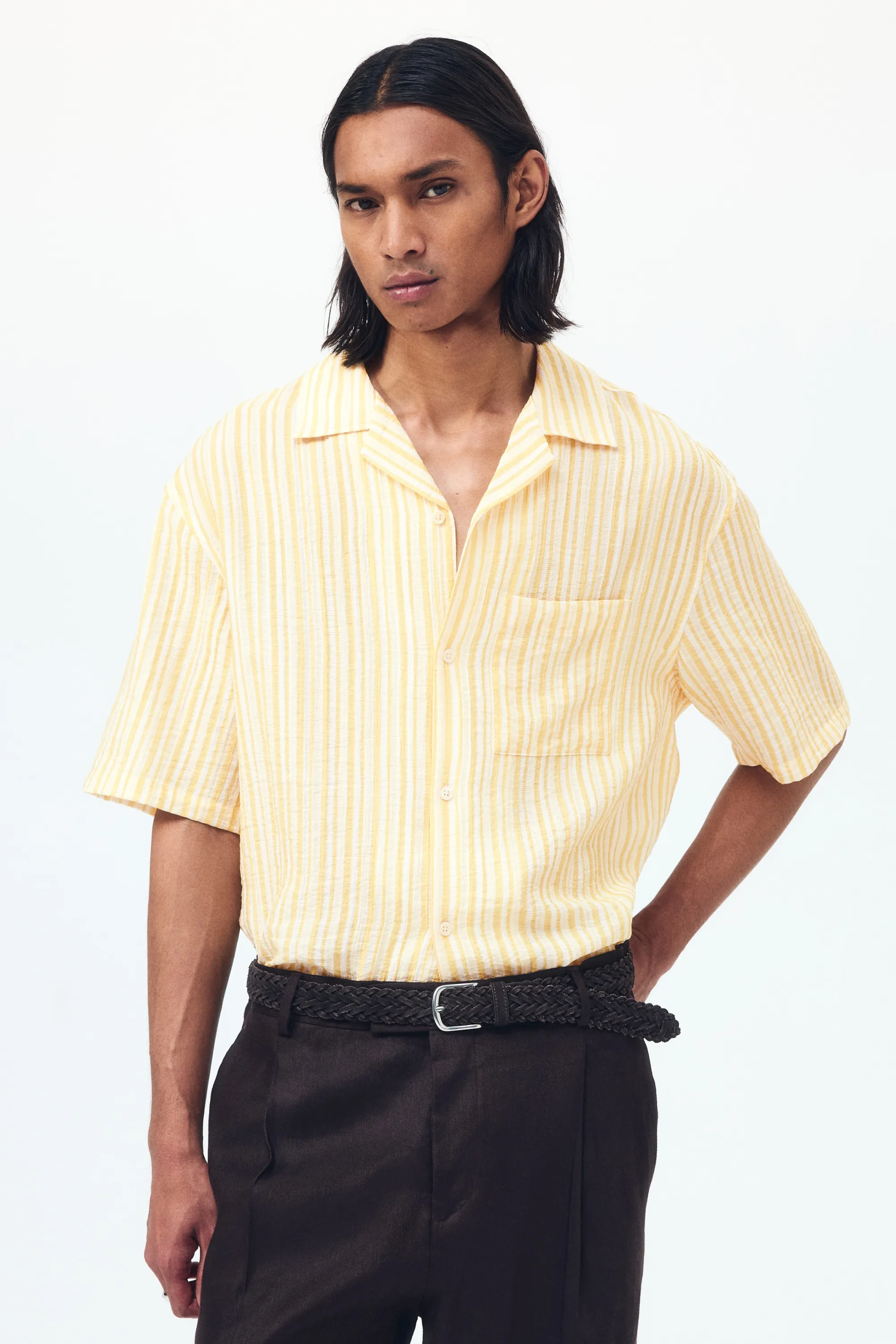 Chemise Relaxed Fit avec col cubain - Jaune/rayé
