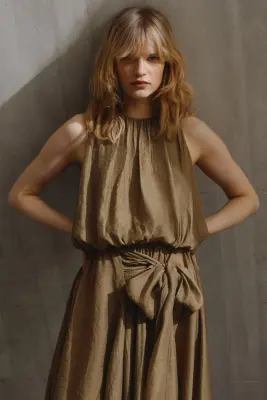 Robe volumineuse avec détail à nouer - Vert kaki — photo 1