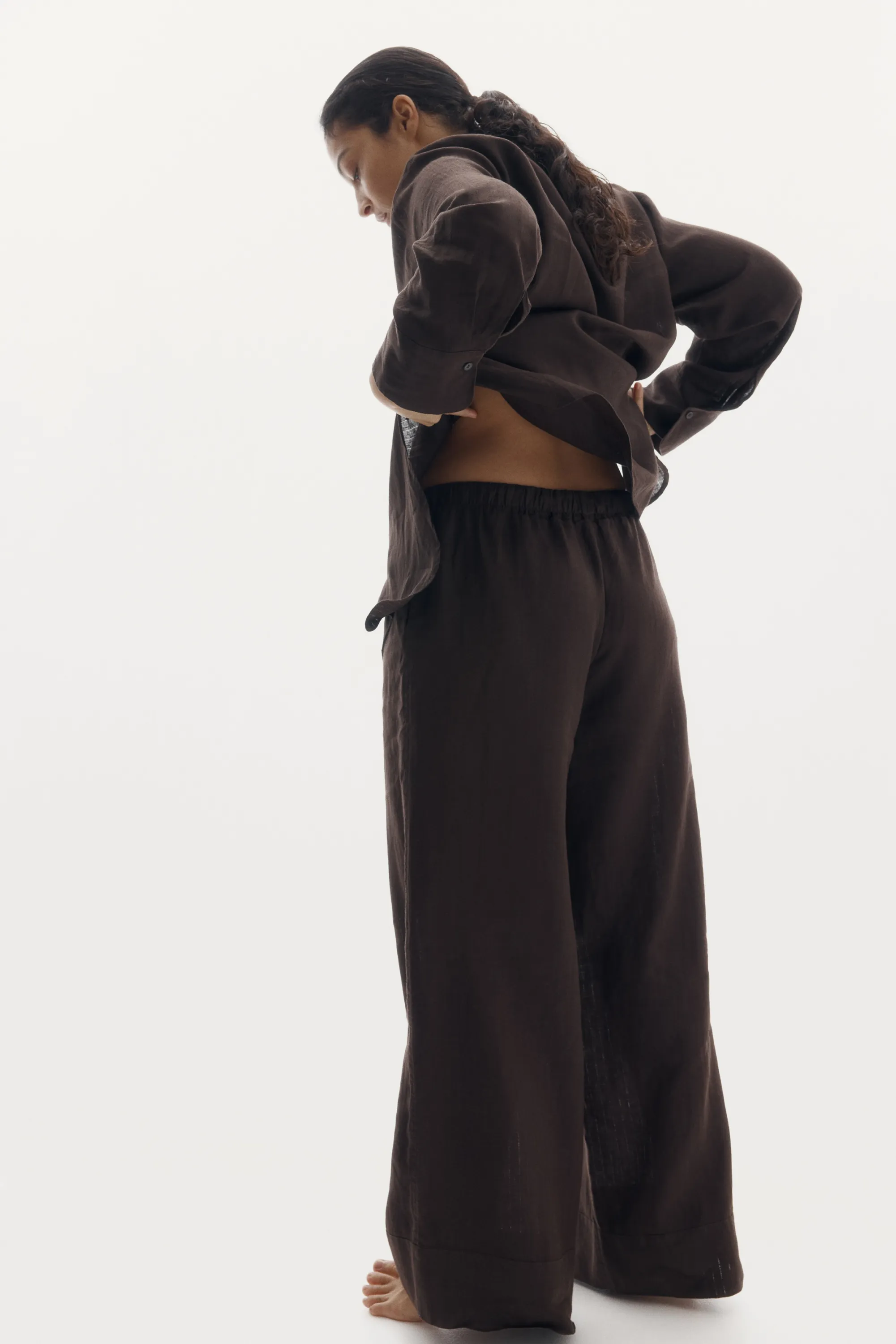 Pantalon large en lin - Marron foncé